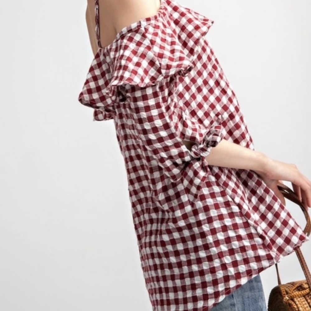 Gingham  Ruffle Blouse Top - Picture 8 of 10